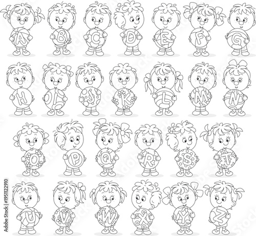 Happy little schoolboys and schoolgirls friendly smiling and holding alphabet balls, black and white cartoon illustration for an educational preschool coloring book