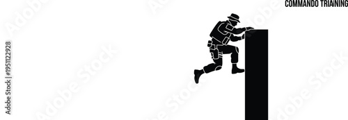 Vector Silhouette of a Commando Climbing a Wall During Training Featuring a Soldier in Tactical Gear Overcoming an Obstacle Course