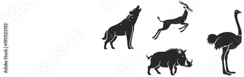 Vector Silhouette Set of African Animals Featuring Howling Hyena Jumping Antelope Warthog and Standing Ostrich for Safari Nature Graphic Design