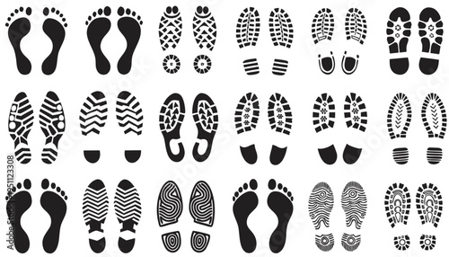 "A professional, high-resolution graphic design collection featuring twenty-four diverse pairs of human footprints and shoe sole silhouettes, isolated on a solid, clean white background. The set inclu