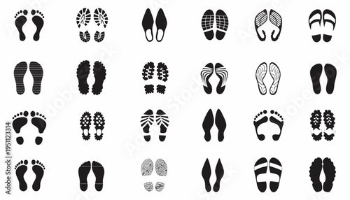 "A professional, high-resolution graphic design collection featuring twenty-four diverse pairs of human footprints and shoe sole silhouettes, isolated on a solid, clean white background. The set inclu