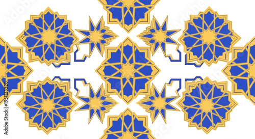 Islamic arabesque ornamental pattern with blue and gold floral designs