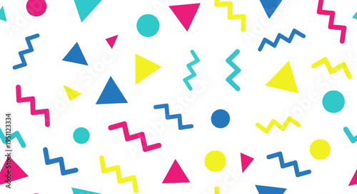Vibrant memphis pattern with geometric shapes and colorful motifs