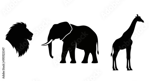 black silhouettes of lion, elephant, and giraffe on white background