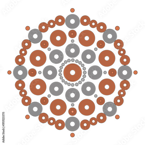 Retro Mid-Century Concentric Circle Mandala - Abstract Geometric Vector Illustration with Symmetrical Dotted Round Shapes in Terracotta and Slate Grey.