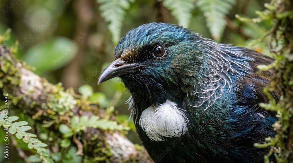 Obraz premium Macro portrait of a Tui bird showing its blue iridescent feathers and white neck tuft. Detailed wildlife, forest avian, exotic nature.