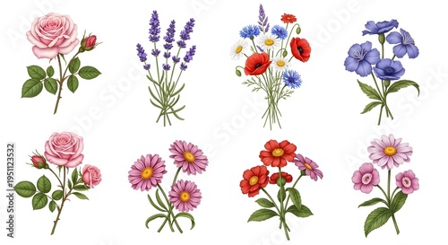 Collection of eight distinct flower arrangements, each featuring unique blossoms and foliage