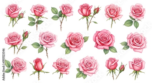 Collection of pink roses with buds and full blooms
