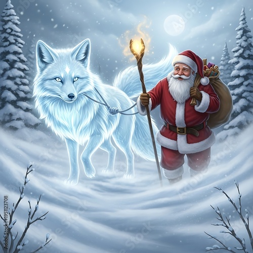 Santa Claus with glowing wolf companion.
