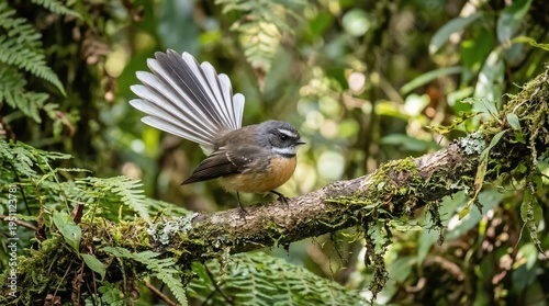 Small fantail bird perched on a mossy branch in a lush forest, wildlife nature scene. Delicate wildlife, natural habitat, forest life.