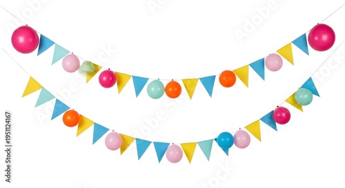 Two hanging strings of colorful triangular paper bunting flags interspersed with round balloons against a plain white background