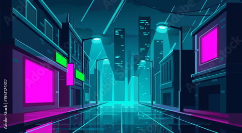 Neon Cityscape Vector Illustration A Futuristic Urban Landscape with Glowing Streets and Buildings