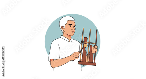 Young man plays a traditional wooden musical instrument