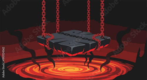 A fiery abyss with a floating, chained stone platform and eerie tendrils