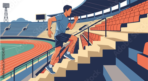 A man runs up stadium stairs next to a track and field area
