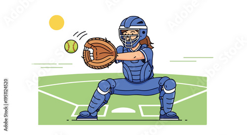 Cartoon baseball catcher in blue gear ready to catch a ball