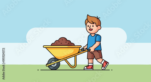Young boy pushing a wheelbarrow full of dirt across a grassy field