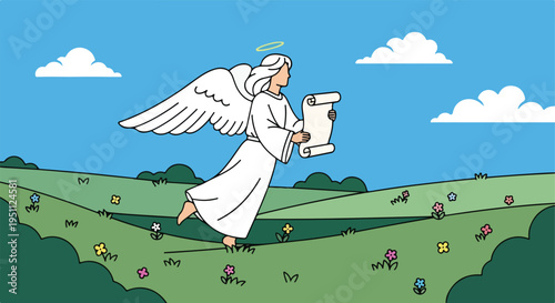 A winged figure with a halo floats over a grassy landscape with flowers