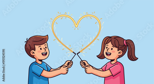 Two smiling children create a sparkling heart shape with sparklers against a blue background