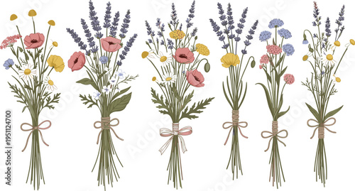 Hand Tied Wildflower Bouquet Vector Set with Lavender, Poppy, Daisy and Rustic Botanical Floral Arrangements Collection