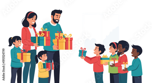 Diverse family and friends exchange colorful gifts with joyful expressions