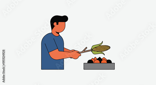 Person roasting corn on a stick over a charcoal grill