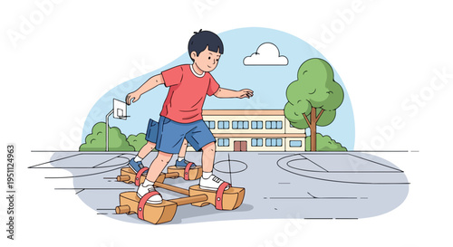 Two children play on wooden stilts in a schoolyard with a building and tree