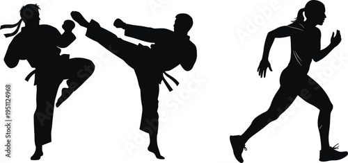 Black silhouette of a butler or janitor in a top hat and formal coat mopping the floor with a bucket on white,