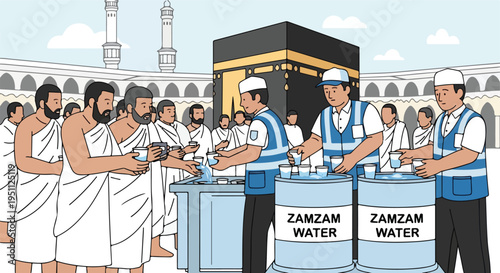 Pilgrims receive blessed water near Kaaba, Makkah, during Hajj