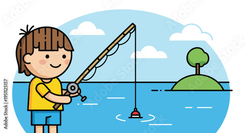 A young person cheerfully fishes in blue water with a rod, near a small island