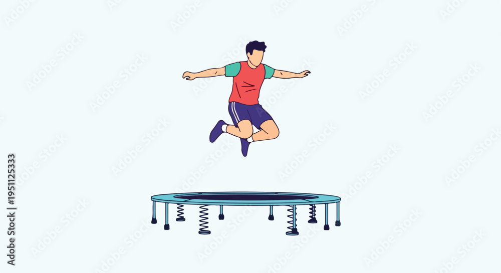 Fototapeta premium A person leaps high in the air above a trampoline, mid-air in a dynamic pose