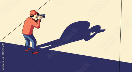 Cartoonist captures a photographer with an angel-like shadow, minimalist design