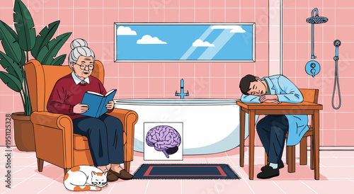 Vector illustration of elderly woman reading book in armchair while doctor sleeps at desk next to bathtub