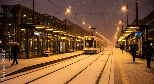 A snow-covered tram station at night with people walking under streetlights