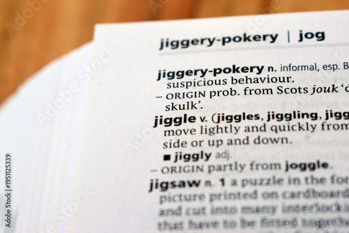 Obraz na plátně Close Up Of English Explanation Dictionary Page Word Of - jiggle