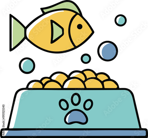 Vector illustration of goldfish jumping over bowl full of food pellets, pet care icon for aquatic animal shop,