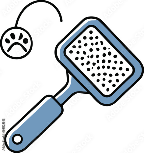 Vector illustration of blue pet grooming brush with paw print icon, professional tool for dog and cat hair care