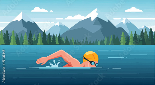 A lone swimmer navigates calm waters with a majestic mountain and forest backdrop