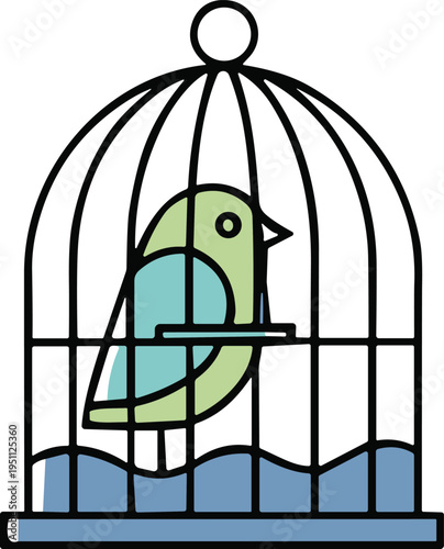Vector illustration of green bird inside vintage cage, pet shop icon for domestic animal care and avian nature