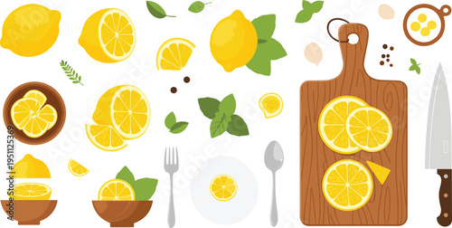 Lemon Cooking Ingredients Vector Set with Slices, Cutting Board, Knife, Herbs and Kitchen Preparation Elements Collection