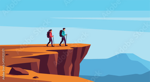 Two hikers with backpacks and poles walk along a cliff edge overlooking a vast, blue landscape