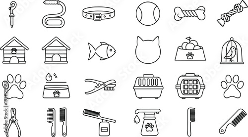Vector line art collection of pet supplies and grooming icons, professional set for animal care and veterinary branding