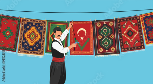 Man hangs patterned rugs on clothesline under clear blue sky
