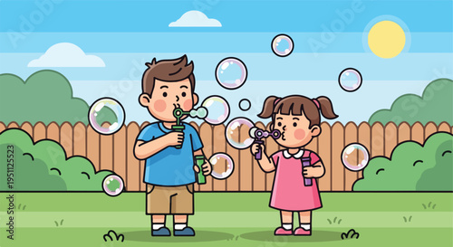 Two children enjoy blowing bubbles in a sunny backyard with a wooden fence