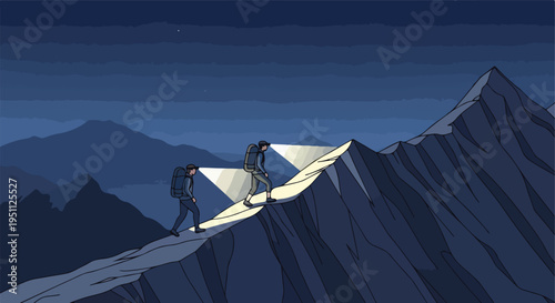 Two hikers with headlamps ascend a rocky mountain ridge at night under a starry sky