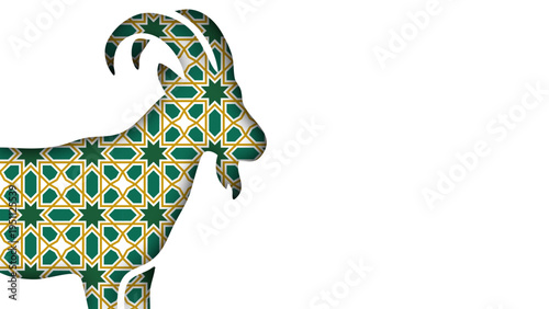 Eid Al Adha Goat Silhouette with Green Gold Arabesque Pattern for Islamic Sacrifice Holiday Decoration