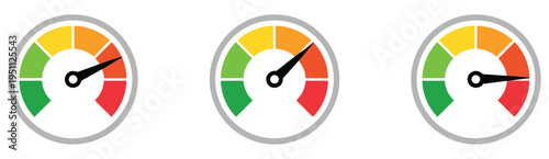 Low high medium priority icon set, poor or good progress scale measurement, pressure, power, or car fuel level indicators, vector illustration