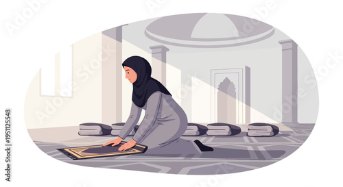 Woman in hijab setting up prayer mat in sunlit mosque with stacked mats