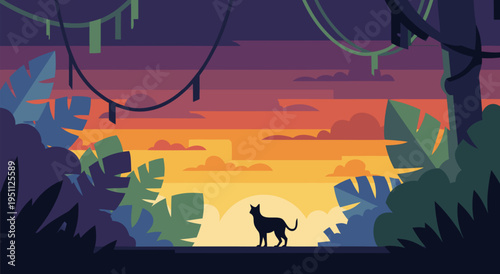 Vector illustration of a solitary cat silhouette gazing at a vibrant jungle sunset with lush foliage