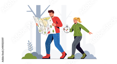Couple in forest using map and compass for navigation during an outdoor adventure